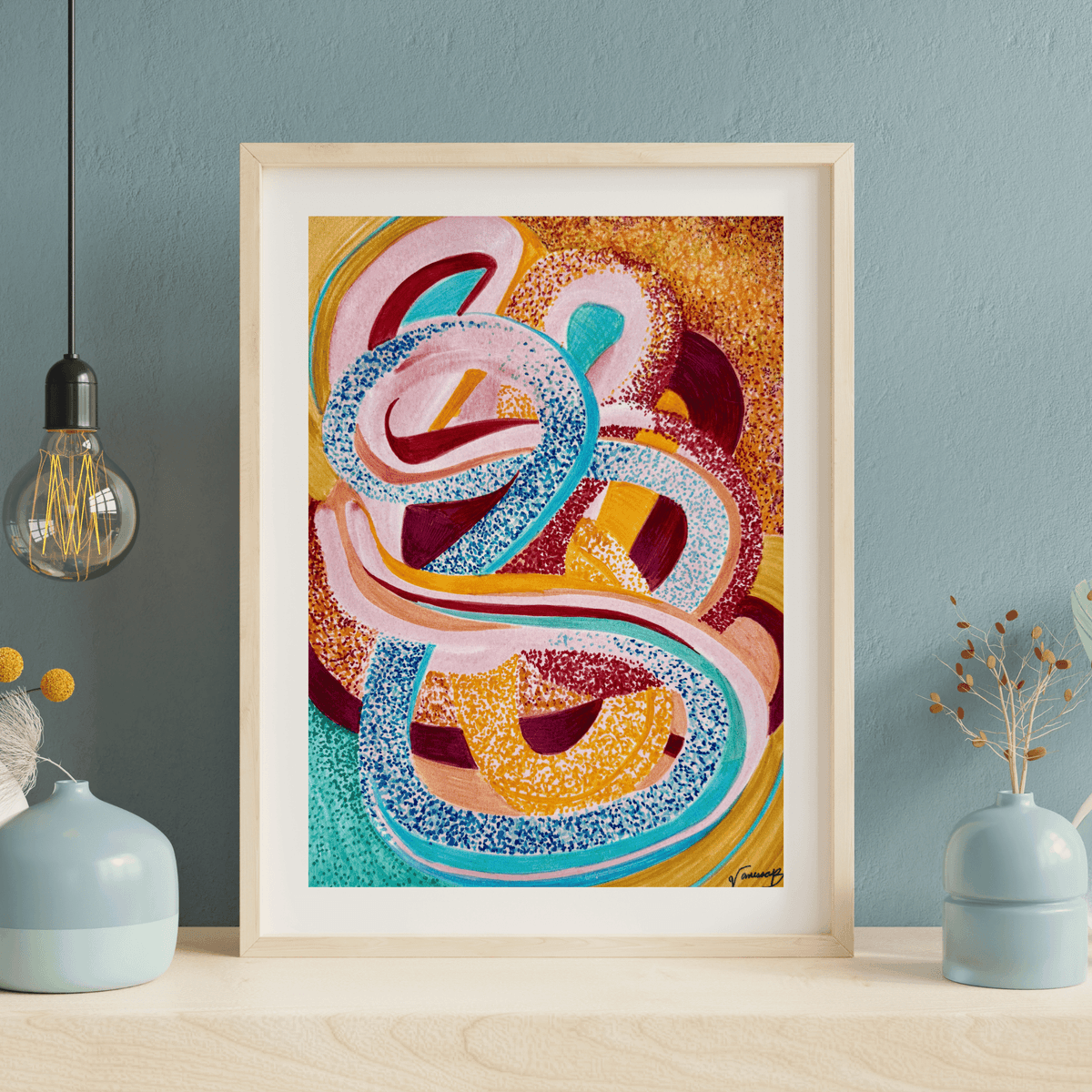 ElizhV original artwork displayed in a framed editorial composition